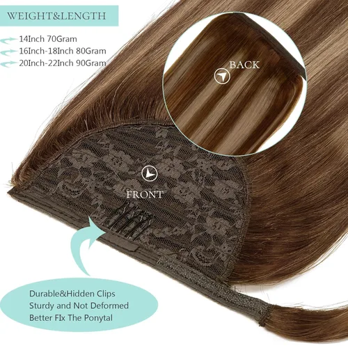Miniatura 7 de Extensión de cabello humano real, cola de caballo envolvente, extensiones de cabello largo y lacio con clip para mujer, 18 pulgadas, 2.82 oz, marrón