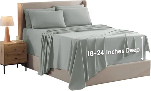 Miniatura 16 de Nestl Juego de sábanas extra profundas tamaño King, sábanas transpirables y refrescantes de 6 piezas, juego de ropa de cama de lujo con bolsillos