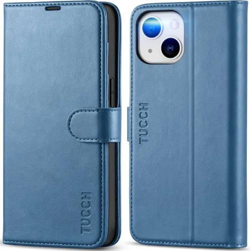 Miniatura 12 de TUCCH Funda tipo billetera para iPhone 14, [Bloqueo RFID] [4 ranuras para tarjetas] Funda protectora interior de TPU, funda abatible magnética