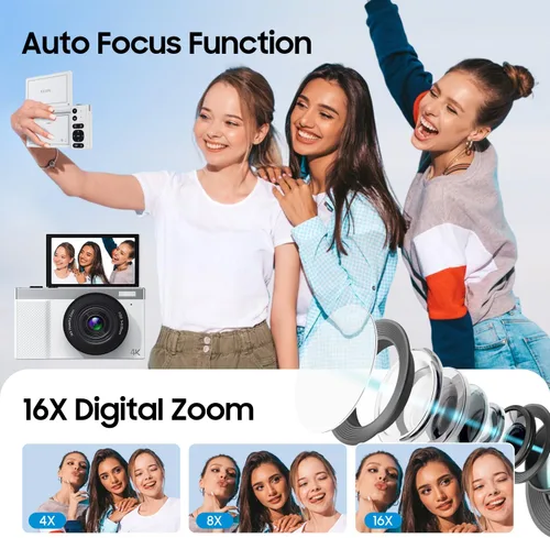 Miniatura 5 de Cámara digital 4K, cámara de vlogging de 64MP para fotografía con pantalla abatible de 180° de 3 pulgadas, cámara digital compacta 16X con tarjeta
