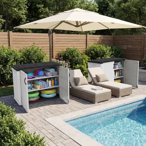 Miniatura 12 de Patiowell Armario de almacenamiento de plástico para exteriores de 26 pies cúbicos, cobertizo de almacenamiento horizontal impermeable