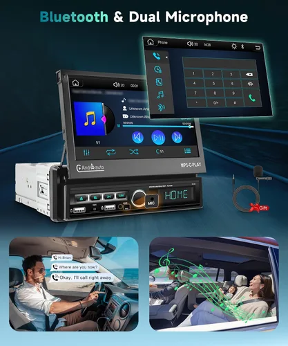 Miniatura 5 de Estéreo de coche de un solo DIN con Carplay inalámbrico Android Auto, pantalla táctil motorizada de 7 pulgadas con Bluetooth Radio de coche