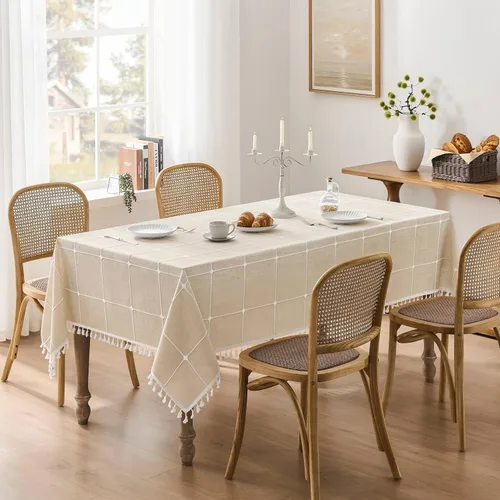Miniatura 35 de ZeeMart - Mantel de mesa con diseño de cuadrícula boho y borlas (blanco roto, 132 cm x 132 cm), mantel de gran peso de lino a cuadros bordado