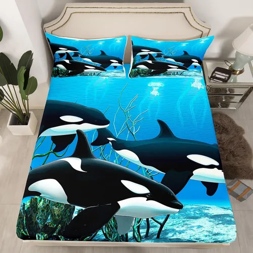 Miniatura 2 de Erosebridal Juego de ropa de cama de orca asesina Orcinus Orcas, sábana bajera ajustable de medusas del mundo submarino para niños y niñas, animales