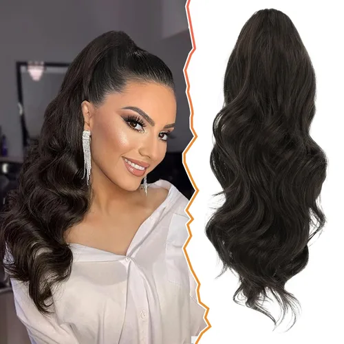 Miniatura 35 de BARSDAR Extensión de cola de caballo rojo burdeos, extensiones de cabello ondulado con cordón de 16 pulgadas para mujer, extensiones de cabello