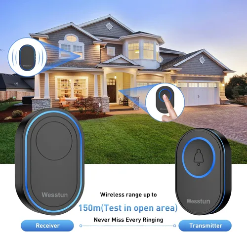 Miniatura 5 de Timbre inalámbrico, impermeable IP67, con 39 campanillas, 5 niveles de ajuste de volumen e indicador LED, fácil de instalar en casa, aula y almacén
