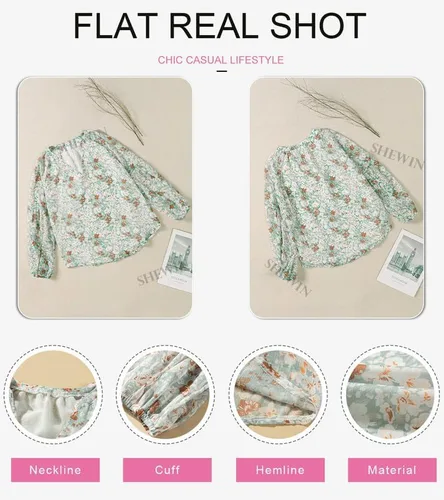 Miniatura 5 de SHEWIN Blusas sueltas de manga larga con cuello en V y estampado floral para mujer
