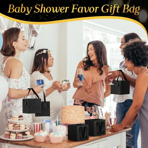 Miniatura 5 de Windyun 25 mini bolsas de regalo de papel con asa de 6 x 6 x 6 pulgadas, pequeñas bolsas cuadradas con etiqueta de agradecimiento para Navidad