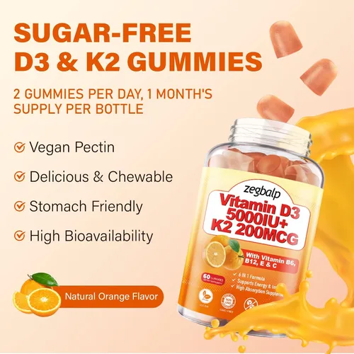 Miniatura 7 de Paquete de 2 gomitas de vitamina D3 K2 para adultos, vitamina D3 sin azúcar, 5000IU + K2(MK-7) Suplemento de 200 mcg con complejo de vitamina B