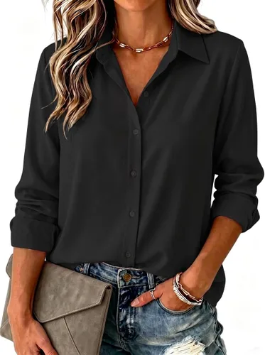 Miniatura 8 de Zeagoo Blusa para mujer, de manga larga, con botones, casual, ligera, lisa/estampada