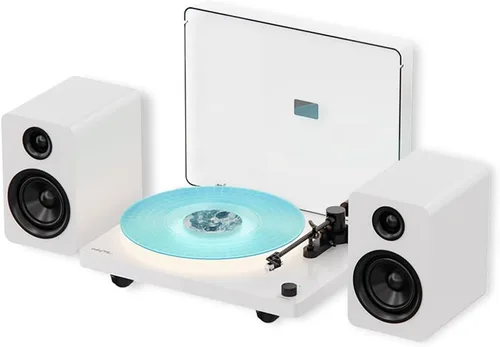 Reproductor de discos de vinilo con iluminación ambiental LED, tocadiscos compatible con BT con altavoces incorporados y preamplificador de fono,