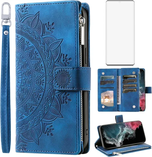 Asuwish Funda de teléfono para Samsung Galaxy S22 Ultra 5G Funda tipo cartera con protector de pantalla de vidrio templado, correa para la muñeca
