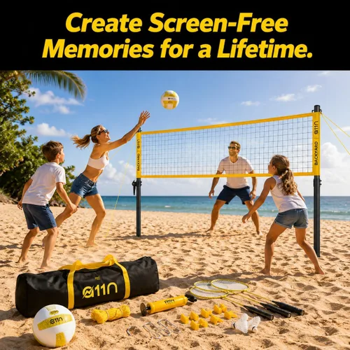 Miniatura 4 de A11N SPORTS Outdoor Volleyball and Badminton Combo Set - Includes Adjustable Height Anti-Sag Net, Volleyball, Air Pump, 4 Badminton Rackets, 2