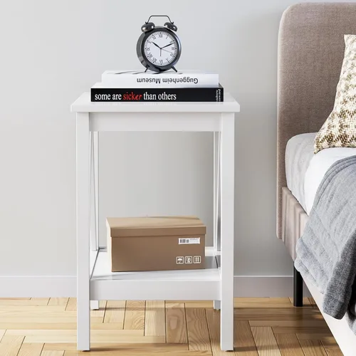 Miniatura 4 de IDEALHOUSE Mesa auxiliar para sala de estar, mesa auxiliar pequeña con estantes de almacenamiento de 2 niveles, mesas de noche redondas, mesa blanco