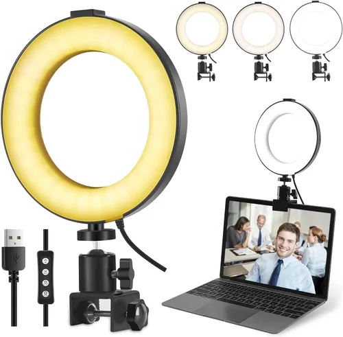 Kit de iluminación para videoconferencia, luz de anillo con clip para monitor de portátil, luz LED regulable de 15 cm para selfies, ideal para
