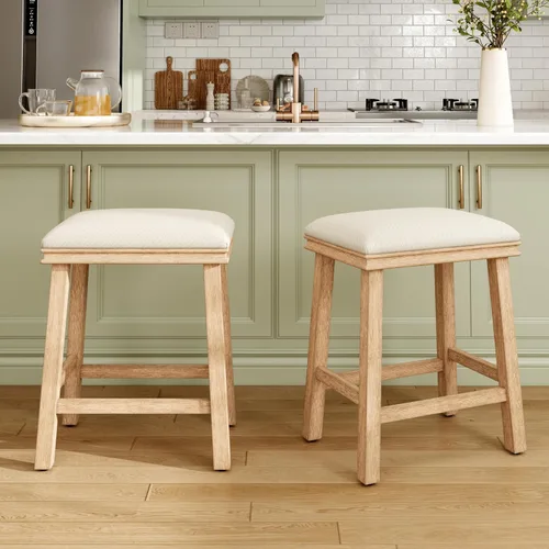 Miniatura 24 de MAISON ARTS Juego de 4 taburetes de bar grises para encimera de cocina, patas de madera maciza con asiento de silla de montar de piel sintética