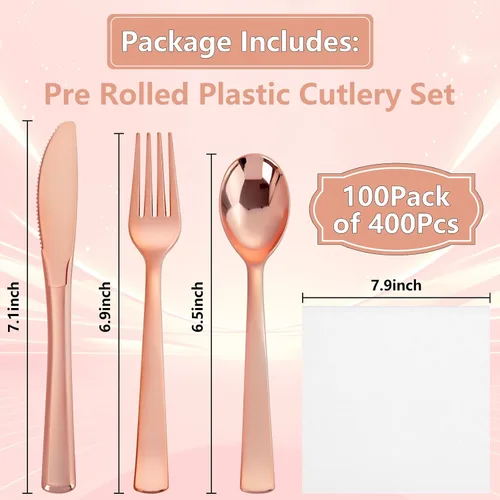 Miniatura 3 de Juego de 400 cubiertos de plástico de oro rosa preenrollado, cubiertos de oro rosa resistente, incluye 100 utensilios desechables envueltos con Oro