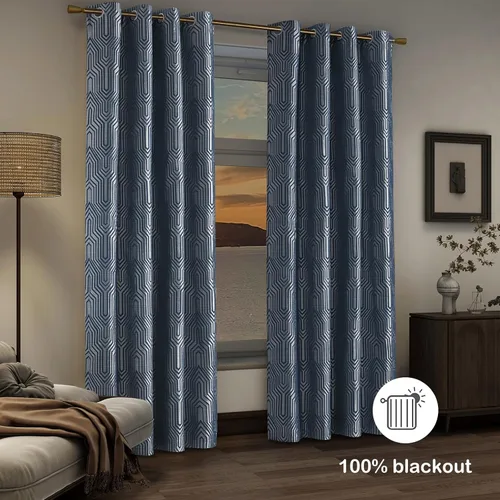 Miniatura 3 de Cortinas de patrón geométrico jacquard 100% opacas color azul índigo y plateado, 2 paneles de 52 pulgadas de ancho y 84 pulgadas de largo