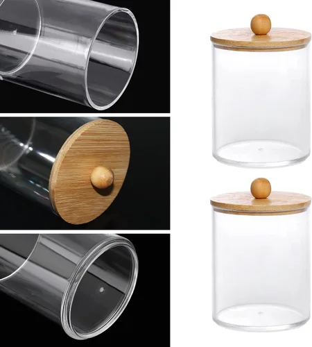 Miniatura 3 de Tbestmax Tarros de baño con soporte Qtip de 10 onzas para hisopos de bolas de algodón, dispensador de almacenamiento, tapa de bambú (paquete de 2)