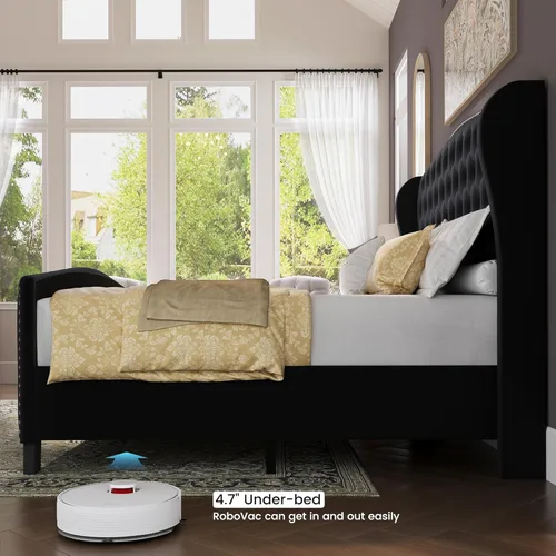 Miniatura 7 de BRELTAM Marco de cama tapizado tamaño Queen en terciopelo color beige con cabecera y pie de cama acolchados con botones profundos y soporte