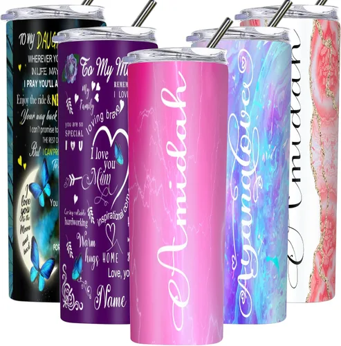 Miniatura 10 de Vaso delgado personalizado con tapas y pajitas con nombre impreso, vasos aislados personalizados de 20 onzas para mamá, mujeres y hombres