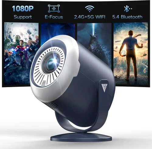 Mini proyector con soporte, soporte 1080P, proyector portátil con WiFi y Bluetooth, proyector de película giratorio de 240° compatible con TV Azul