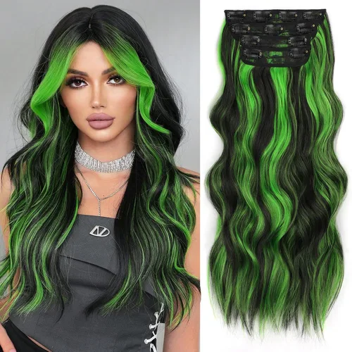 Miniatura 14 de ALXNAN Extensiones de cabello sintético largo y ondulado con clip, de 16 pulgadas, color negro natural, 4 piezas gruesas, fibra de doble trama