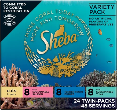 Sheba Perfect Portions - Cortes de comida húmeda para gatos en salsa, con salmón sostenible, plato de trucha tierno y con atún sostenible, bandejas