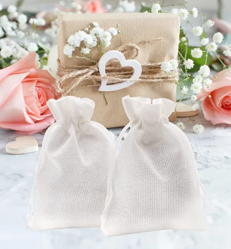 Miniatura 6 de 50 bolsas de arpillera blanca con cordón, bolsas pequeñas de lino de 2.7 x 3.5 pulgadas, bolsas de regalo para joyas, bolsas de dulces para Navidad