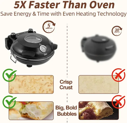 Miniatura 4 de Horno eléctrico para pizza de 12 pulgadas, máquina de pizza de encimera con piedra de cerámica, calienta hasta 800 °F, horno de pizza portátil
