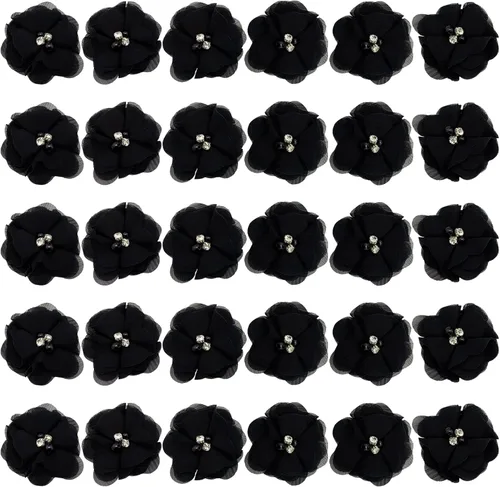 Miniatura 9 de 30 piezas de flores de gasa con diamantes de imitación de 2 pulgadas, apliques de tela de costura para ropa, manualidades, fiestas, decoración