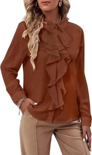Miniatura 15 de LYANER - Blusa de manga larga con cuello de botón y volantes en la parte delantera para mujer