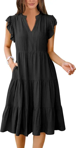 ANRABESS Vestido de verano para mujer, manga con volantes, cuello en V, vestido midi a la moda, casual, holgado, escalonado, bohemio, playa,
