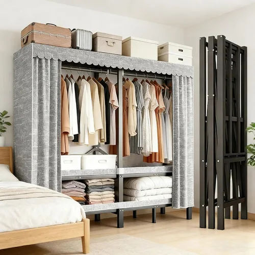 Miniatura 11 de Armario portátil resistente de 49.2 pulgadas, armario plegable con tapa, estantes de metal para organizadores de ropa y almacenamiento