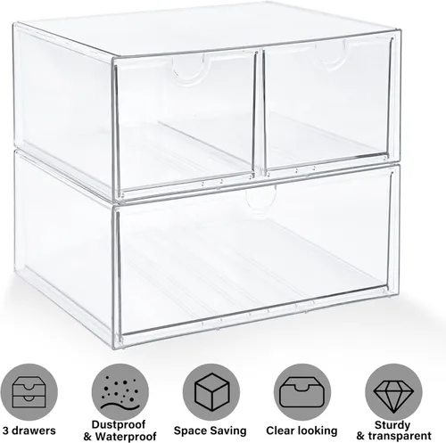 Miniatura 7 de Prsildan - Organizador de cajones acrílico para maquillaje con 3 cajones, almacenamiento transparente apilable para biberones, manualidades, joyas