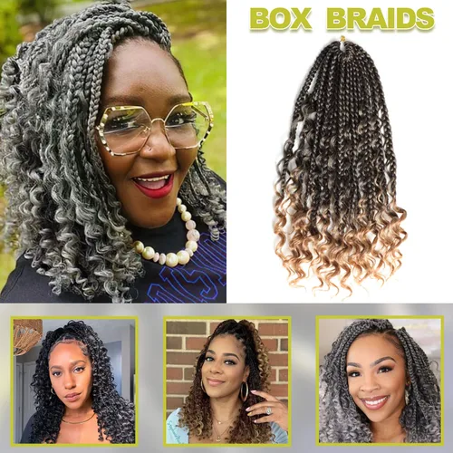 Miniatura 3 de Trenzas de caja bohemia de 14 pulgadas, 7 paquetes de trenzas de caja Goddess de cabello de ganchillo preanudado para mujeres negras, cabello 1B/27