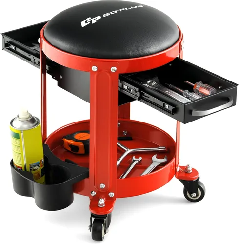 Goplus - Taburete mecánico con ruedas, asiento tipo enredadera para taller con asiento acolchado removible, 2 cajones, bandeja para herramientas,