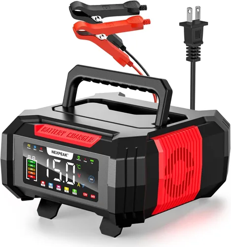 NEXPEAK Cargador de batería de 15 A, cargador de goteo de 12 V/24 V, cargador de batería inteligente LiFePO4 de 9 etapas, mantenedor de batería con