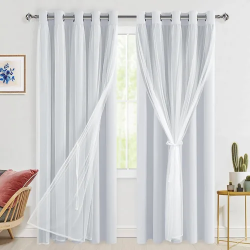 Miniatura 9 de Hiasan Cortinas opacas con superposición transparente, aislamiento térmico para mezclar y combinar de doble capa, cortinas de oscurecimiento de Beige