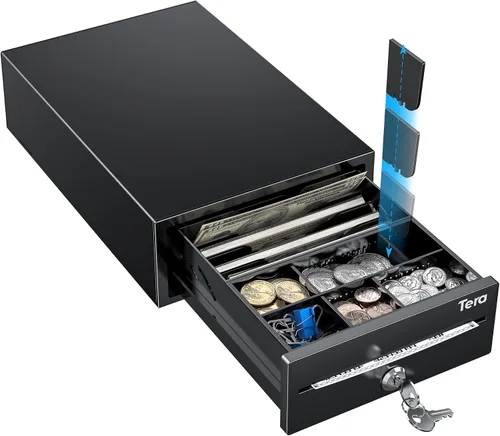 Tera Cajón de caja registradora 8 "Mini: 4 billetes 6 monedas pequeño cajón de efectivo abierto automático con ranura para medios 24V Cable RJ12