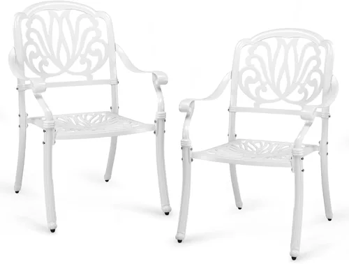Miniatura 16 de VINGLI Juego de 2 sillas de patio apilables de aluminio fundido para exteriores con acabado negro vintage y patrón floral, sillones de metal