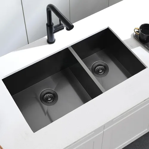 Miniatura 7 de Fregadero de cocina negro de 33 x 17 pulgadas con doble tazón, 33 x 17 x 9 pulgadas, calibre 16, acero inoxidable negro, montaje inferior