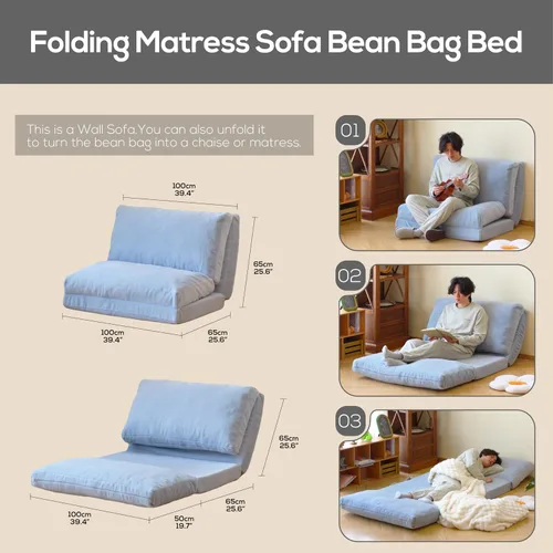 Miniatura 6 de N&V Sofá cama plegable tipo bolsa de frijoles, sofá cama plegable con relleno de espuma, incluye funda extraíble y lavable a máquina, suave forro