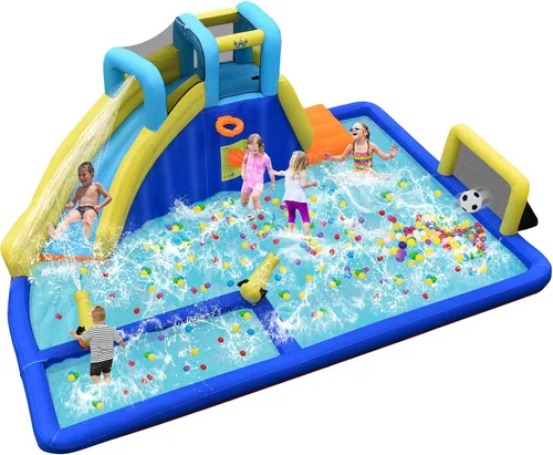 HONEY JOY Tobogán acuático inflable, parque acuático gigante con porterías de fútbol para exteriores, piscina, escalada, toboganes acuáticos