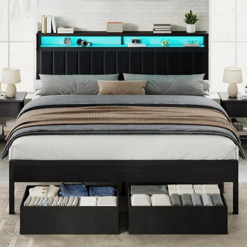 Miniatura 19 de AMERLIFE Base de cama individual con luz LED y 2 cajones de almacenamiento, plataforma de metal con cabecera de almacenamiento, tapizada