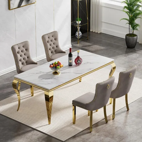 Miniatura 11 de Juego de mesa de comedor de mármol sintético, 7 piezas, juego de mesa de cocina y comedor para 6, mesa de comedor rectangular blanca de 70 pulgadas