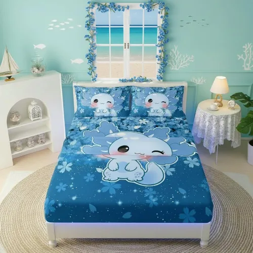 Miniatura 24 de QOOMO Ropa de cama Kawaii Axolotl para niños y niñas, diseño de flor de cerezo rosa, juego de ropa de cama súper suave para niños, con estrellas