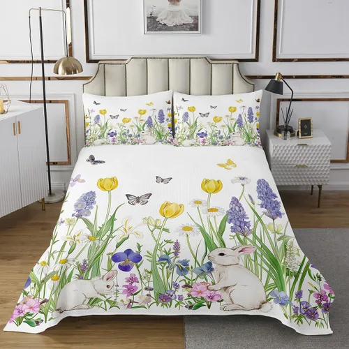 Miniatura 2 de Erosebridal Juego de colcha de conejo blanco, diseño de flores de tulipán amarillo, diseño rústico de mariposas, juego de edredón acolchado de Multi
