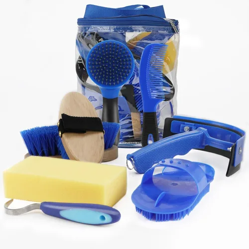 Kit de aseo de 9 piezas con bolsa de mano, juego de cepillos para caballo, raspador de sudor, esponja, púa de pezuñas, peine de curry para jinetes y