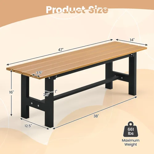Miniatura 3 de Tangkula Banco de polietileno de alta densidad de 47 pulgadas para exteriores, banco de comedor de jardín con asiento de listones y marco de metal